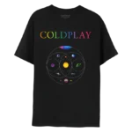 Cold Play T-Shirt featuring Music of the Spheres album art on black cotton fabric, official Cold Play merch.