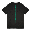 Back view of black Rammstein T-shirt with the word "LÜGEN" printed vertically in green along the spine, with the Rammstein logo at the bottom.