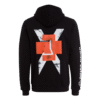 Back view of black Rammstein hoodie featuring a large distressed white X and bold red cross design with abstract shapes.