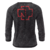 Back view of black Sonne Rammstein long sleeve with distressed red Rammstein logo and Roman numerals running down the spine
