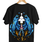 One Piece merch Marco the Phoenix shirt featuring full-color phoenix artwork with flames and Whitebeard Pirates symbol in anime graphic style.