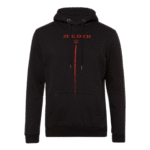 Front view of black Zeig Dich Rammstein hoodie featuring red "Zeig Dich" text, vertical red slash design, and Rammstein logo.