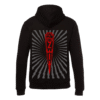 Back view of black Rammstein hoodie displaying a large red Zeit artwork with radiating gray beams and the Rammstein cross logo at the top.