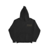 Black Imagine Dragons Smoke + Mirrors hoodie front view with simple gold text logo on the chest and classic kangaroo pocket.