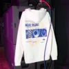 The Brightest Sun Beige Imagine Dragons hoodie hanging backstage on audio equipment, highlighting the vibrant back graphic and casual vibe.”