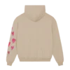 Back view of the ALL MY LOVE Coldplay Hoodie with red heart graphics on beige fabric – cozy Coldplay merch for music lovers.