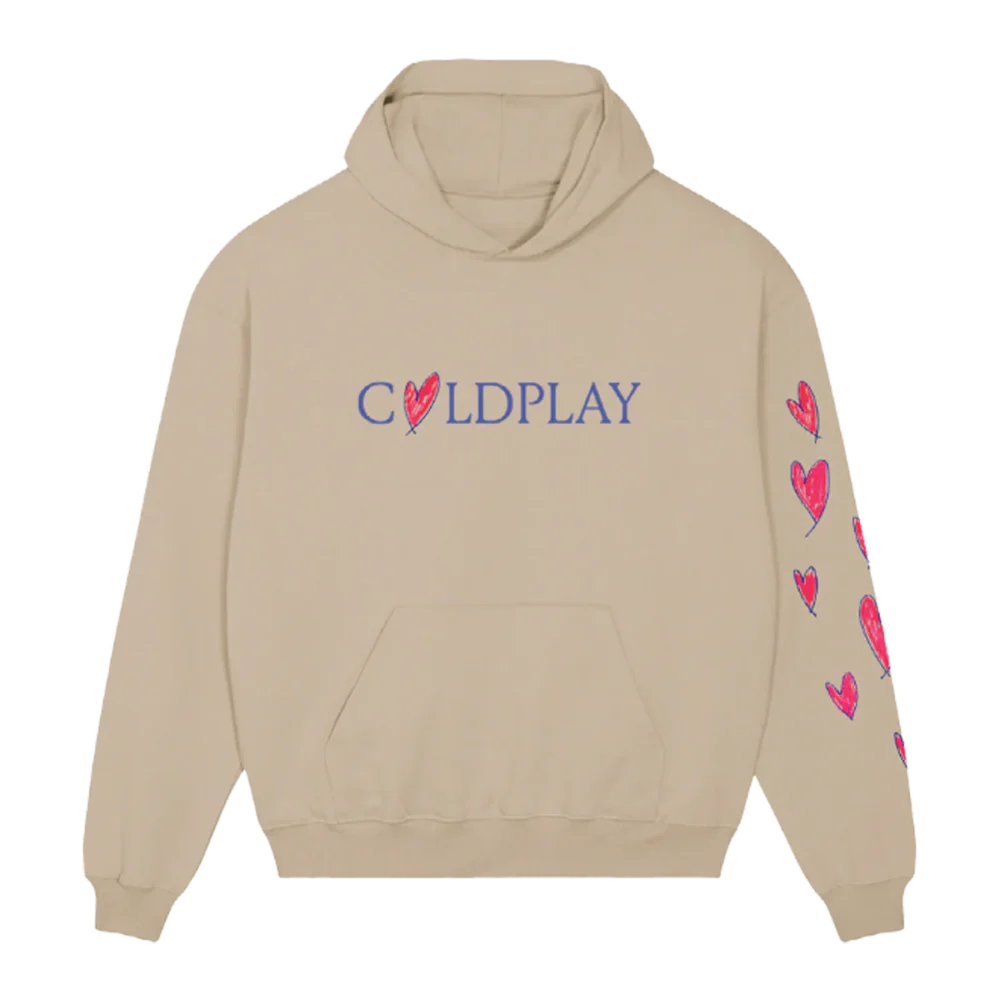 Front view of the ALL MY LOVE Coldplay Hoodie featuring bold Coldplay text with a heart design – official Coldplay merch for fans