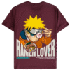 Back view of red wine Naruto T-shirt featuring Naruto enjoying ramen, ‘Ramen Lover’ text, and Ichiraku Ramen bowl graphic