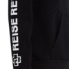 Close-up of hoodie sleeve with bold white text 'REISE REISE' and small Rammstein logo at the cuff.