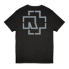 Back of black Rammstein T-shirt featuring a large silver industrial-style cross logo.