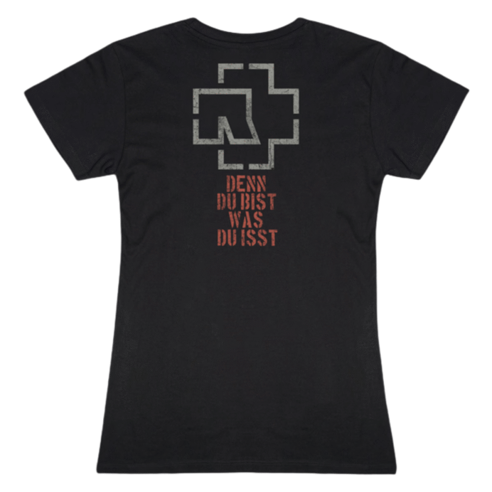 Back of a black women’s Rammstein T-shirt featuring the Rammstein logo and red German text “DENN DU BIST WAS DU ISST” printed vertically.