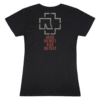 Back of a black women’s Rammstein T-shirt featuring the Rammstein logo and red German text “DENN DU BIST WAS DU ISST” printed vertically.