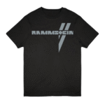 Black Rammstein T-shirt with bold silver "RAMMSTEIN" text and two diagonal lines on the chest