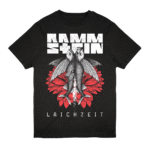 Black Rammstein T-shirt featuring mirrored fish artwork over a red flower with bold white "RAMMSTEIN" text above and "LAICHZEIT" text below.