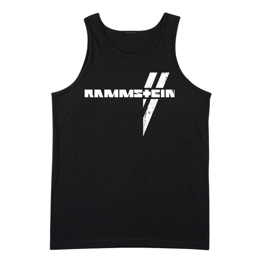 Front view of the Weisse Balken Rammstein T-Shirt featuring bold white bars on black fabric.